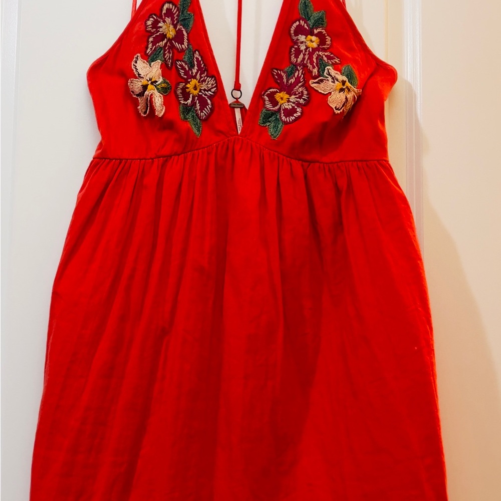 Red Floral Embroidered V-Neck Women’s Dress